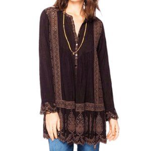 Johnny Was Boho Tunic Dress Chocolate Brown Embroidered Inset Lace Scallop M